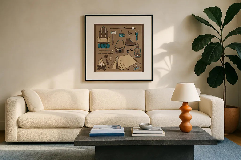 The Great Outdoors V by Laura Marshall. Displayed in a glass frame with matte in a clean modern living room. Available as an archival giclee rolled canvas, fine art paper, or poster print. SKU 23388a.