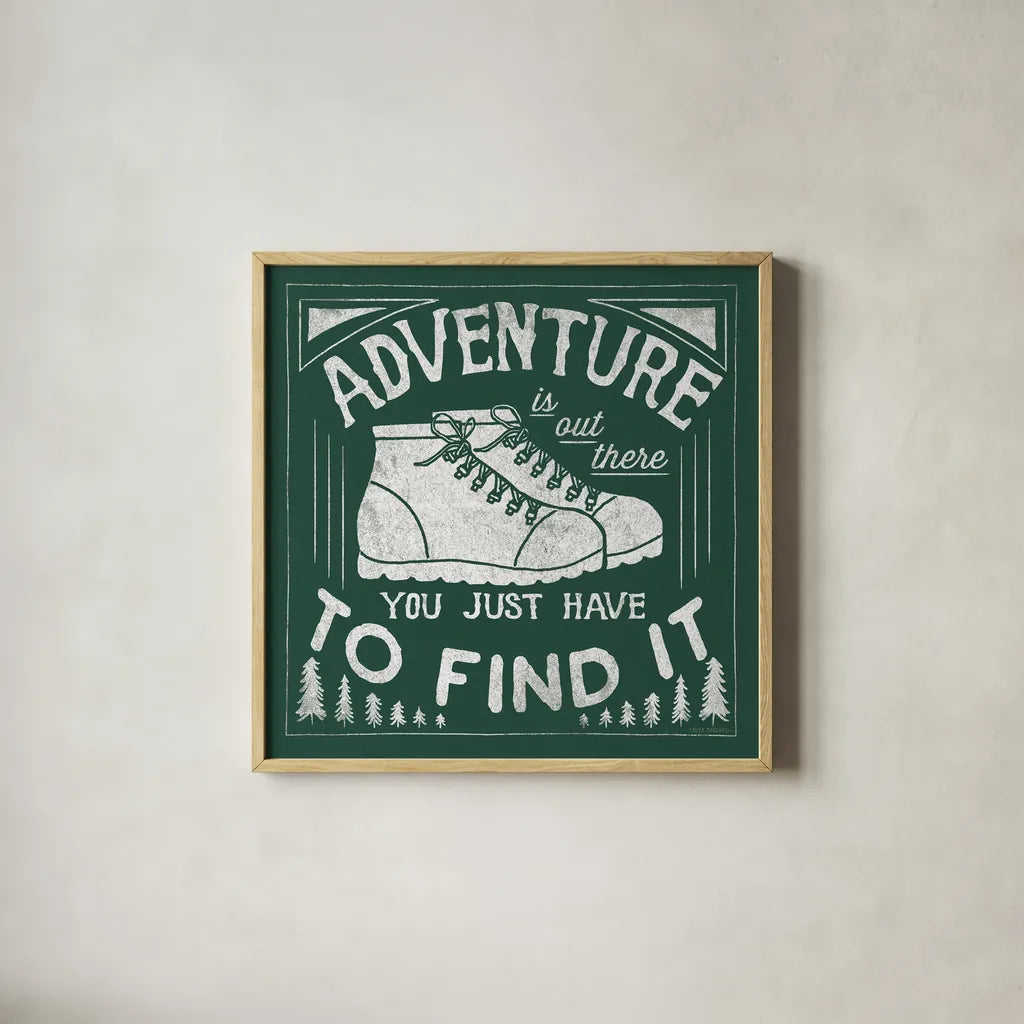 The Great Outdoors VII Forest Green by Laura Marshall. Shown in a natural wood glass frame for a timeless modern aesthetic. Available as an archival giclee rolled canvas, fine art paper, or poster print. SKU 63502a.