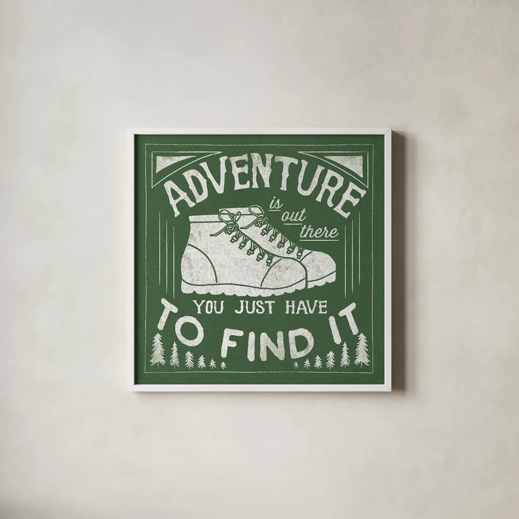 The Great Outdoors VII Green by Laura Marshall. Shown in a crisp white glass frame for a clean and minimalist style. Available as an archival giclee rolled canvas, fine art paper, or poster print. SKU 47961a.