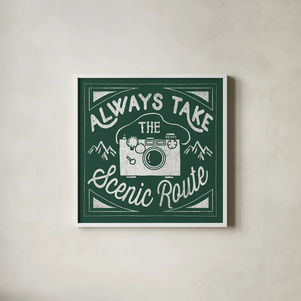 The Great Outdoors VIII Forest Green by Laura Marshall. Shown in a crisp white glass frame for a clean and minimalist style. Available as an archival giclee rolled canvas, fine art paper, or poster print. SKU 63503a.