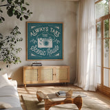 The Great Outdoors VIII Teal by Laura Marshall. Shown in a natural wood frame in a cozy modern living room. Available as an archival giclee rolled canvas, fine art paper, or poster print. SKU 47962a.
