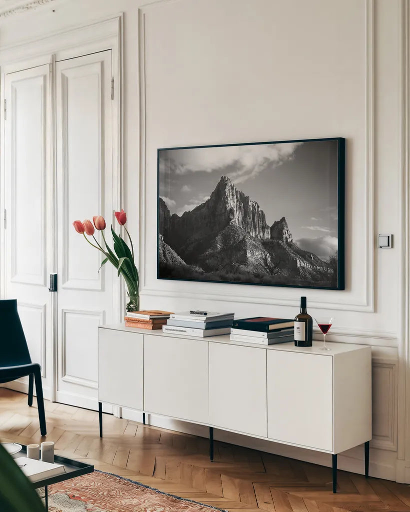 The Watchman I by Laura Marshall. shown as a framed stretched canvas in a living room above a console. Available as a archival giclee rolled canvas, fine art paper, or poster print. SKU 64417i.