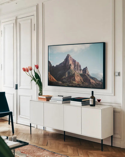 The Watchman I Color by Laura Marshall. shown as a framed stretched canvas in a living room above a console. Available as a archival giclee rolled canvas, fine art paper, or poster print. SKU 78129i.