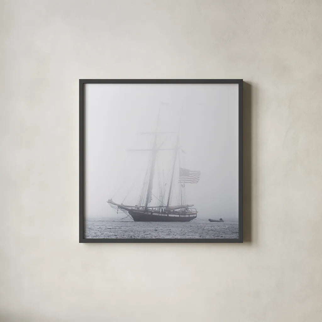 Through the Mist by Laura Marshall. Shown in a sleek black glass frame for a contemporary gallery look. Available as an archival giclee rolled canvas, fine art paper, or poster print. SKU 38778a.