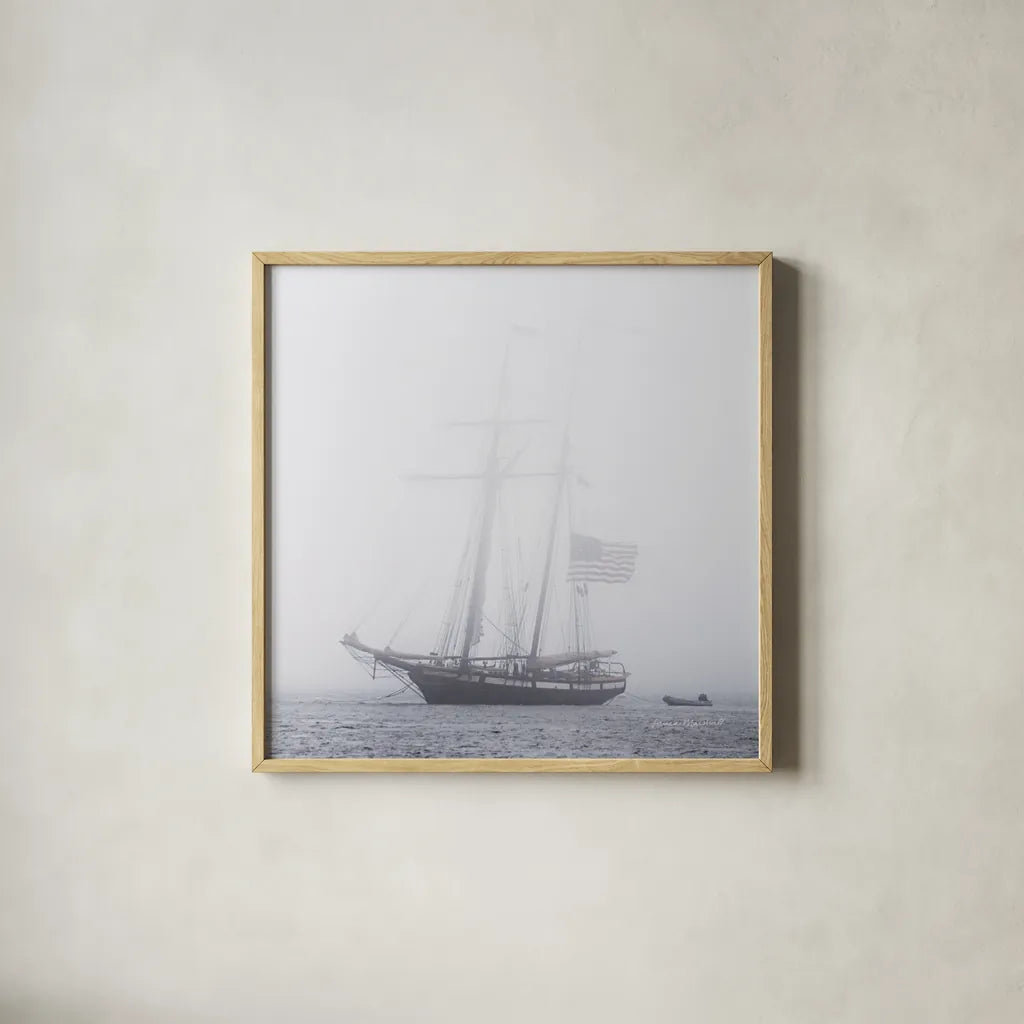 Through the Mist by Laura Marshall. Shown in a natural wood glass frame for a timeless modern aesthetic. Available as an archival giclee rolled canvas, fine art paper, or poster print. SKU 38778a.
