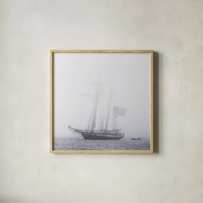 Through the Mist by Laura Marshall. Shown in a natural wood glass frame for a timeless modern aesthetic. Available as an archival giclee rolled canvas, fine art paper, or poster print. SKU 38778a.