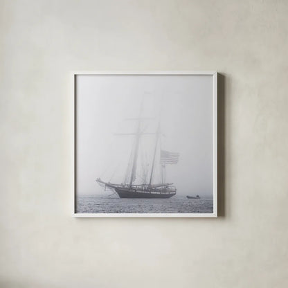 Through the Mist by Laura Marshall. Shown in a crisp white glass frame for a clean and minimalist style. Available as an archival giclee rolled canvas, fine art paper, or poster print. SKU 38778a.