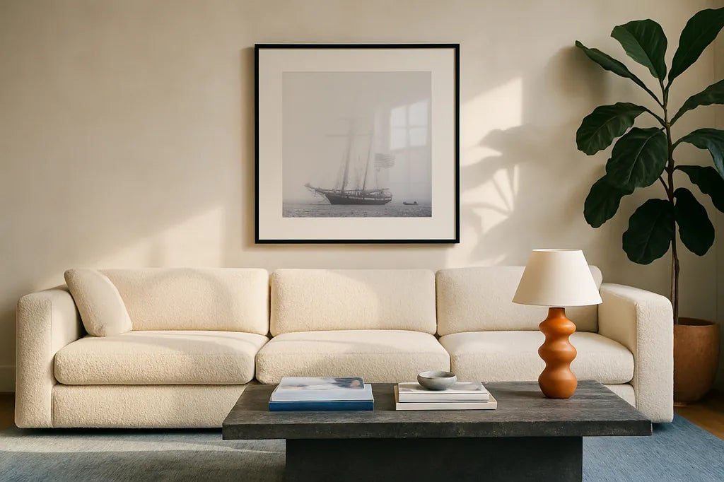 Through the Mist by Laura Marshall. Displayed in a glass frame with matte in a clean modern living room. Available as an archival giclee rolled canvas, fine art paper, or poster print. SKU 38778a.