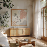 Through the Window I by Laura Marshall. Shown in a natural wood frame in a cozy modern living room. Available as an archival giclee rolled canvas, fine art paper, or poster print. SKU 61685a.