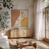 Through the Window IV by Laura Marshall. Shown in a natural wood frame in a cozy modern living room. Available as an archival giclee rolled canvas, fine art paper, or poster print. SKU 65145a.