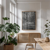 Through the Woods by Laura Marshall. shown as a print in a natural wood frame in a dining room. Available as a archival giclee rolled canvas, fine art paper, or poster print. SKU 17700h.