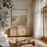 To the Beach by Laura Marshall. Shown in a natural wood frame in a cozy modern living room. Available as an archival giclee rolled canvas, fine art paper, or poster print. SKU 38776a.