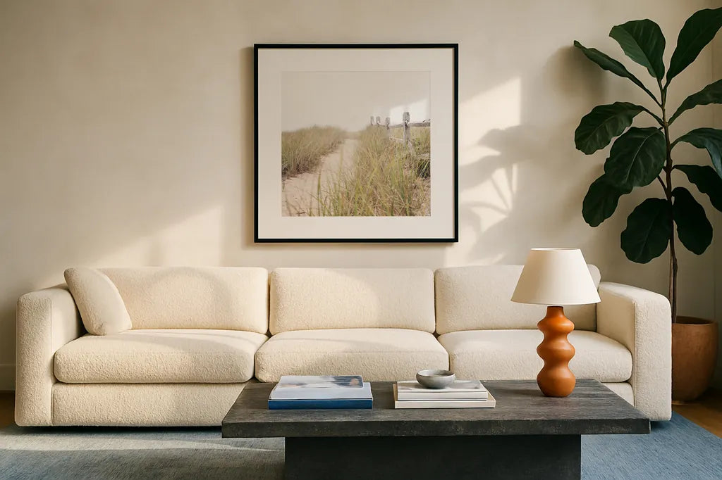 To the Beach by Laura Marshall. Displayed in a glass frame with matte in a clean modern living room. Available as an archival giclee rolled canvas, fine art paper, or poster print. SKU 38776a.