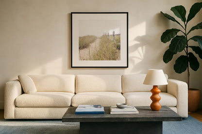 To the Beach by Laura Marshall. Displayed in a glass frame with matte in a clean modern living room. Available as an archival giclee rolled canvas, fine art paper, or poster print. SKU 38776a.