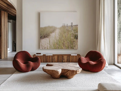 To the Beach by Laura Marshall. Shown as extra-large giant wall art in a modern living room. Available as an archival giclee rolled canvas, fine art paper, or poster print. SKU 38776a.