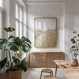 To the Beach Crop by Laura Marshall. shown as a print in a natural wood frame in a dining room. Available as a archival giclee rolled canvas, fine art paper, or poster print. SKU 38776h.