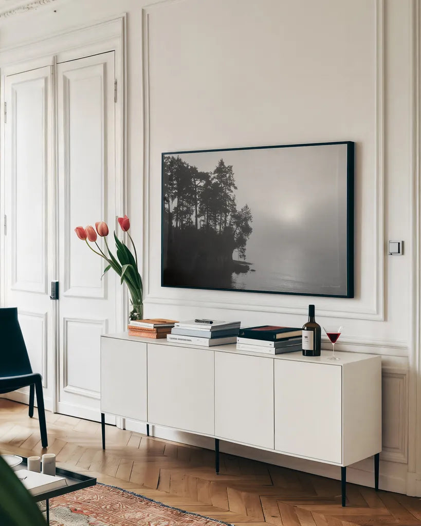 Tongue Point by Laura Marshall. shown as a framed stretched canvas in a living room above a console. Available as a archival giclee rolled canvas, fine art paper, or poster print. SKU 64401i.