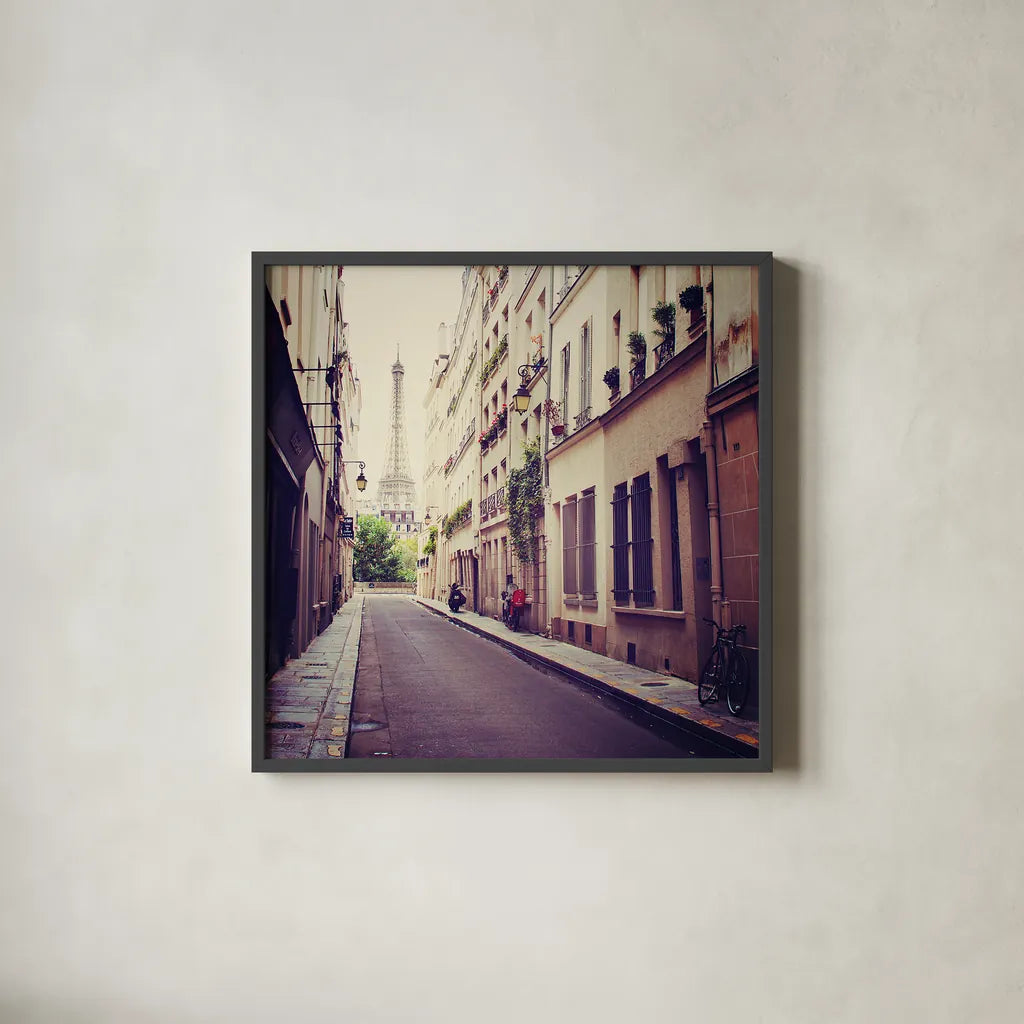Tour Eiffel by Laura Marshall. Shown in a sleek black glass frame for a contemporary gallery look. Available as an archival giclee rolled canvas, fine art paper, or poster print. SKU 21921a.