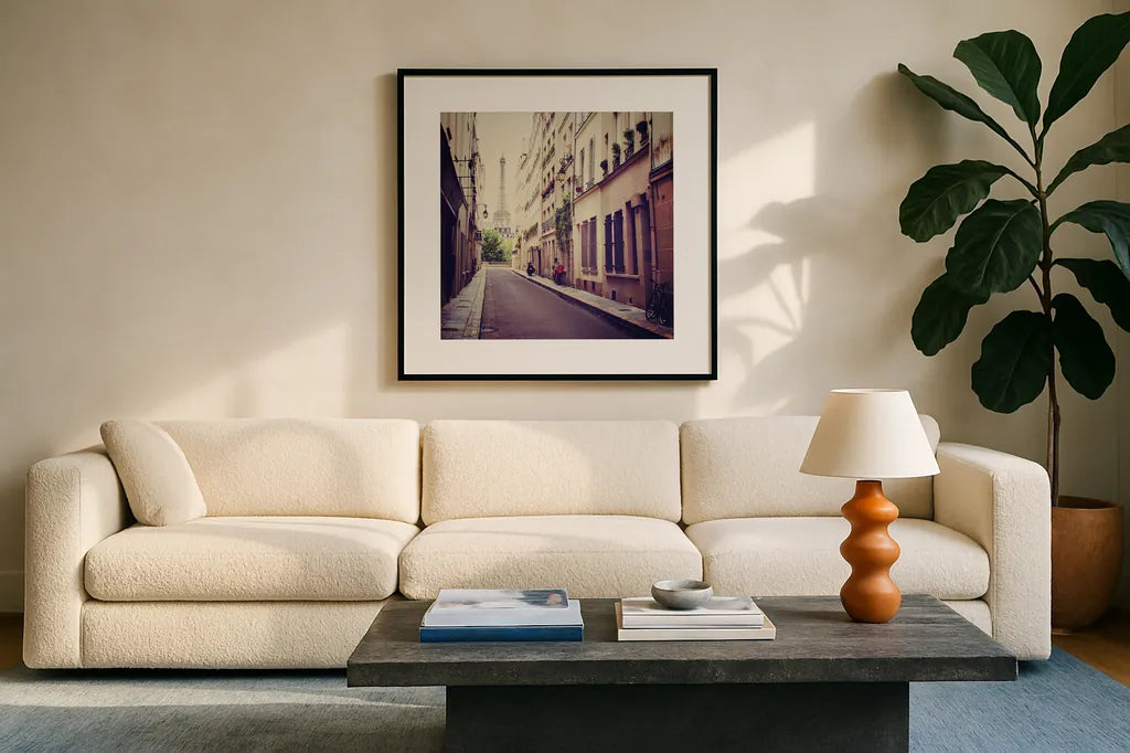 Tour Eiffel by Laura Marshall. Displayed in a glass frame with matte in a clean modern living room. Available as an archival giclee rolled canvas, fine art paper, or poster print. SKU 21921a.