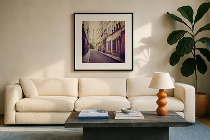 Tour Eiffel by Laura Marshall. Displayed in a glass frame with matte in a clean modern living room. Available as an archival giclee rolled canvas, fine art paper, or poster print. SKU 21921a.