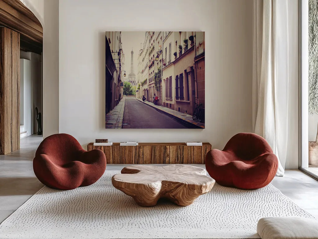 Tour Eiffel by Laura Marshall. Shown as extra-large giant wall art in a modern living room. Available as an archival giclee rolled canvas, fine art paper, or poster print. SKU 21921a.