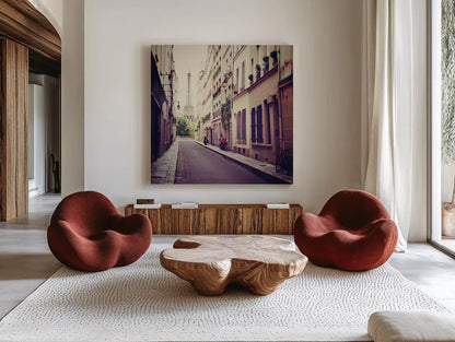 Tour Eiffel by Laura Marshall. Shown as extra-large giant wall art in a modern living room. Available as an archival giclee rolled canvas, fine art paper, or poster print. SKU 21921a.