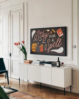 Trick or Treat I by Laura Marshall. shown as a framed stretched canvas in a living room above a console. Available as a archival giclee rolled canvas, fine art paper, or poster print. SKU 74189i.