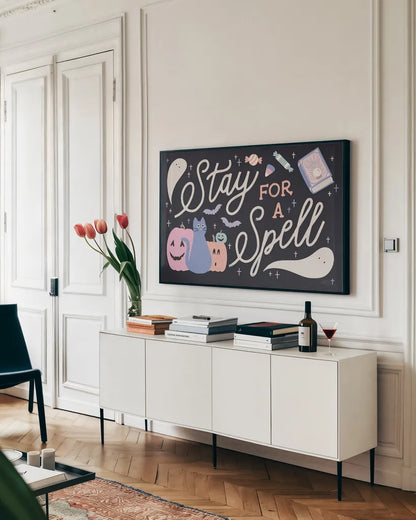 Trick or Treat I Pastel by Laura Marshall. shown as a framed stretched canvas in a living room above a console. Available as a archival giclee rolled canvas, fine art paper, or poster print. SKU 94934i.