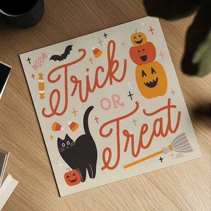 Trick or Treat II by Laura Marshall. Shown as a detailed flat fine art print, highlighting archival giclee quality. Available as an archival giclee rolled canvas, fine art paper, or poster print. SKU 74190a.