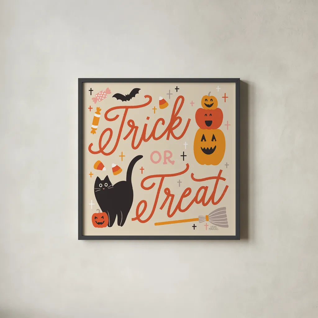 Trick or Treat II by Laura Marshall. Shown in a sleek black glass frame for a contemporary gallery look. Available as an archival giclee rolled canvas, fine art paper, or poster print. SKU 74190a.