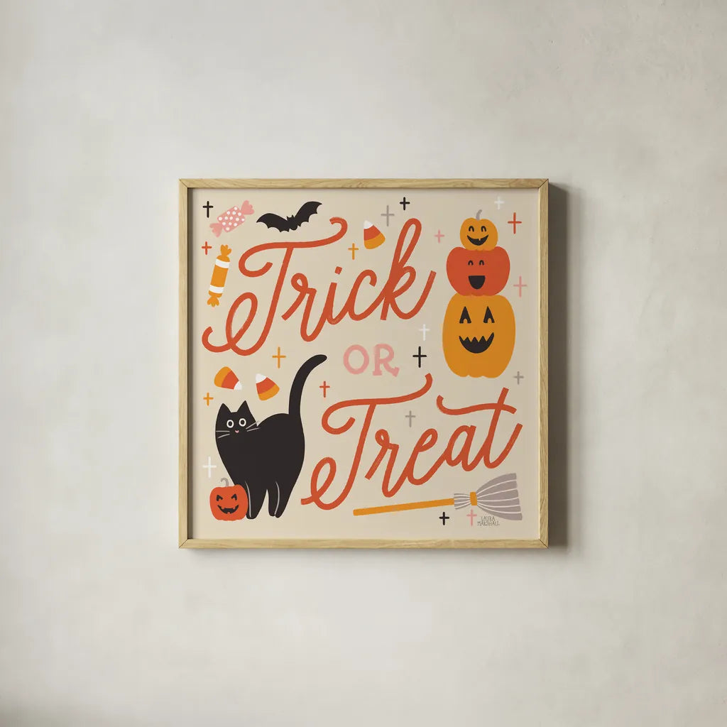 Trick or Treat II by Laura Marshall. Shown in a natural wood glass frame for a timeless modern aesthetic. Available as an archival giclee rolled canvas, fine art paper, or poster print. SKU 74190a.