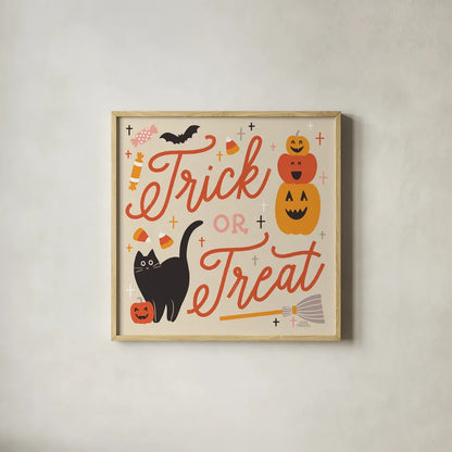 Trick or Treat II by Laura Marshall. Shown in a natural wood glass frame for a timeless modern aesthetic. Available as an archival giclee rolled canvas, fine art paper, or poster print. SKU 74190a.