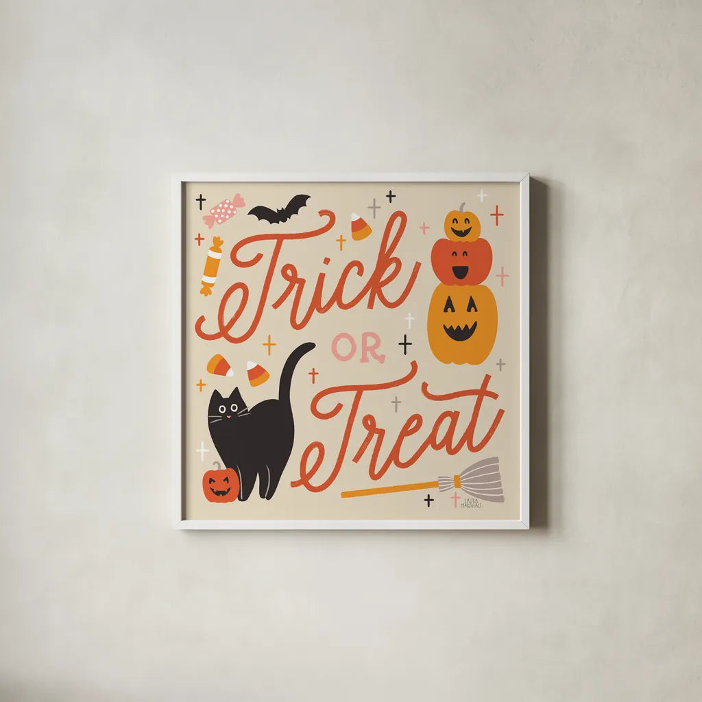 Trick or Treat II by Laura Marshall. Shown in a crisp white glass frame for a clean and minimalist style. Available as an archival giclee rolled canvas, fine art paper, or poster print. SKU 74190a.