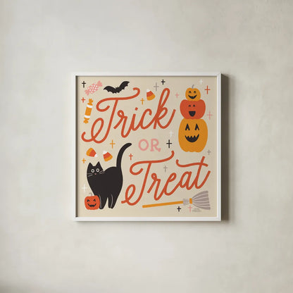 Trick or Treat II by Laura Marshall. Shown in a crisp white glass frame for a clean and minimalist style. Available as an archival giclee rolled canvas, fine art paper, or poster print. SKU 74190a.