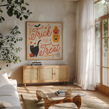 Trick or Treat II by Laura Marshall. Shown in a natural wood frame in a cozy modern living room. Available as an archival giclee rolled canvas, fine art paper, or poster print. SKU 74190a.