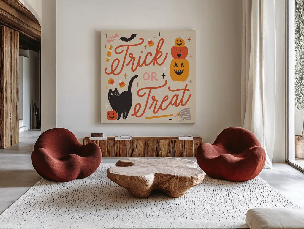 Trick or Treat II by Laura Marshall. Shown as extra-large giant wall art in a modern living room. Available as an archival giclee rolled canvas, fine art paper, or poster print. SKU 74190a.