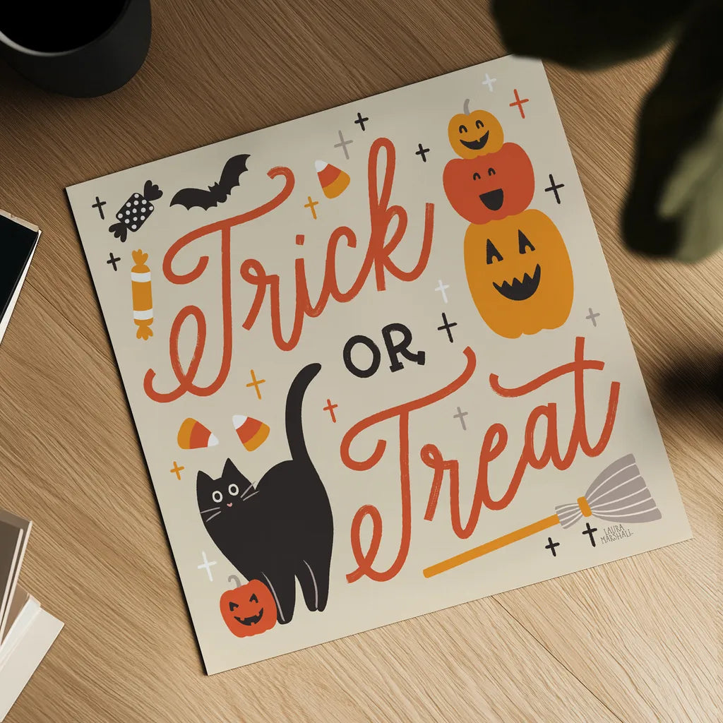 Trick or Treat II with Black by Laura Marshall. Shown as a detailed flat fine art print, highlighting archival giclee quality. Available as an archival giclee rolled canvas, fine art paper, or poster print. SKU 74800a.