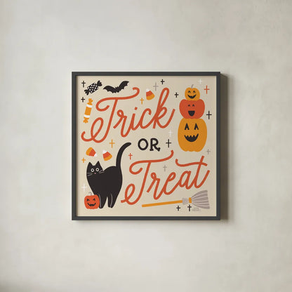 Trick or Treat II with Black by Laura Marshall. Shown in a sleek black glass frame for a contemporary gallery look. Available as an archival giclee rolled canvas, fine art paper, or poster print. SKU 74800a.