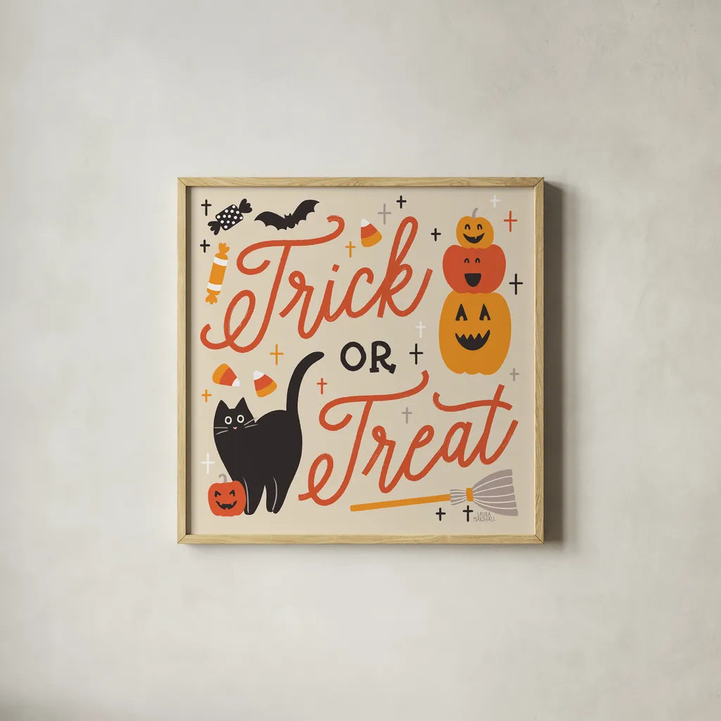 Trick or Treat II with Black by Laura Marshall. Shown in a natural wood glass frame for a timeless modern aesthetic. Available as an archival giclee rolled canvas, fine art paper, or poster print. SKU 74800a.