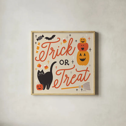 Trick or Treat II with Black by Laura Marshall. Shown in a natural wood glass frame for a timeless modern aesthetic. Available as an archival giclee rolled canvas, fine art paper, or poster print. SKU 74800a.