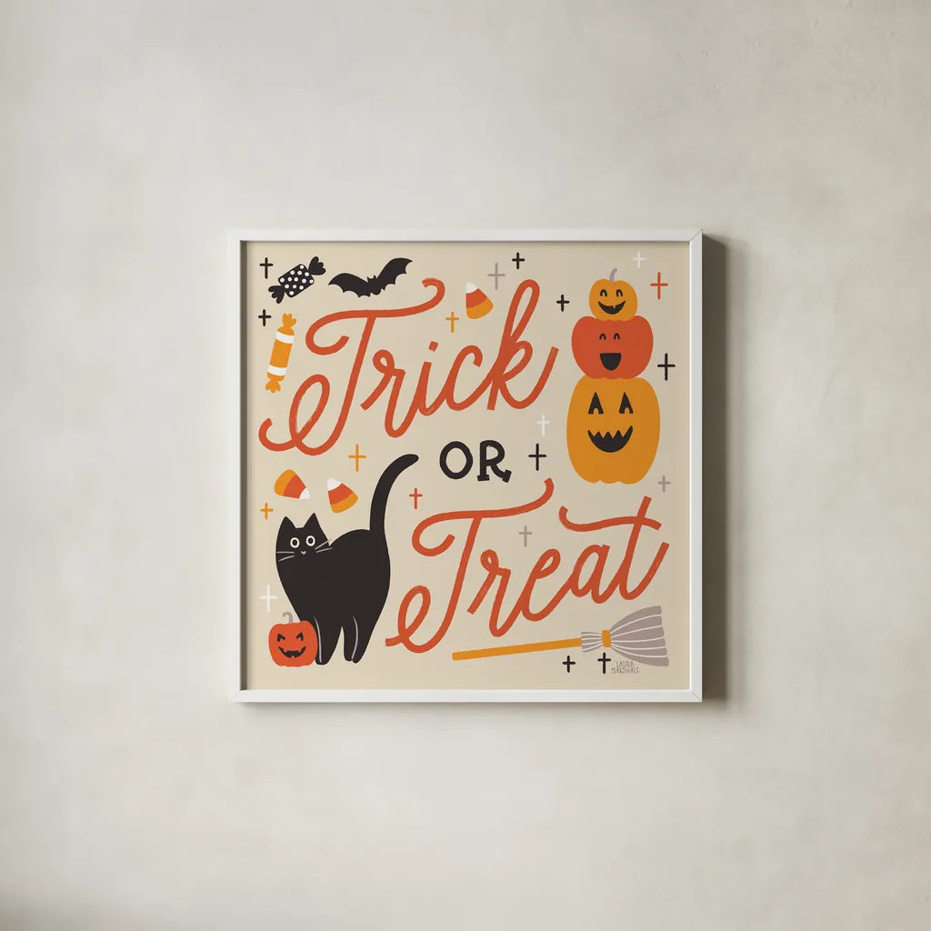 Trick or Treat II with Black by Laura Marshall. Shown in a crisp white glass frame for a clean and minimalist style. Available as an archival giclee rolled canvas, fine art paper, or poster print. SKU 74800a.
