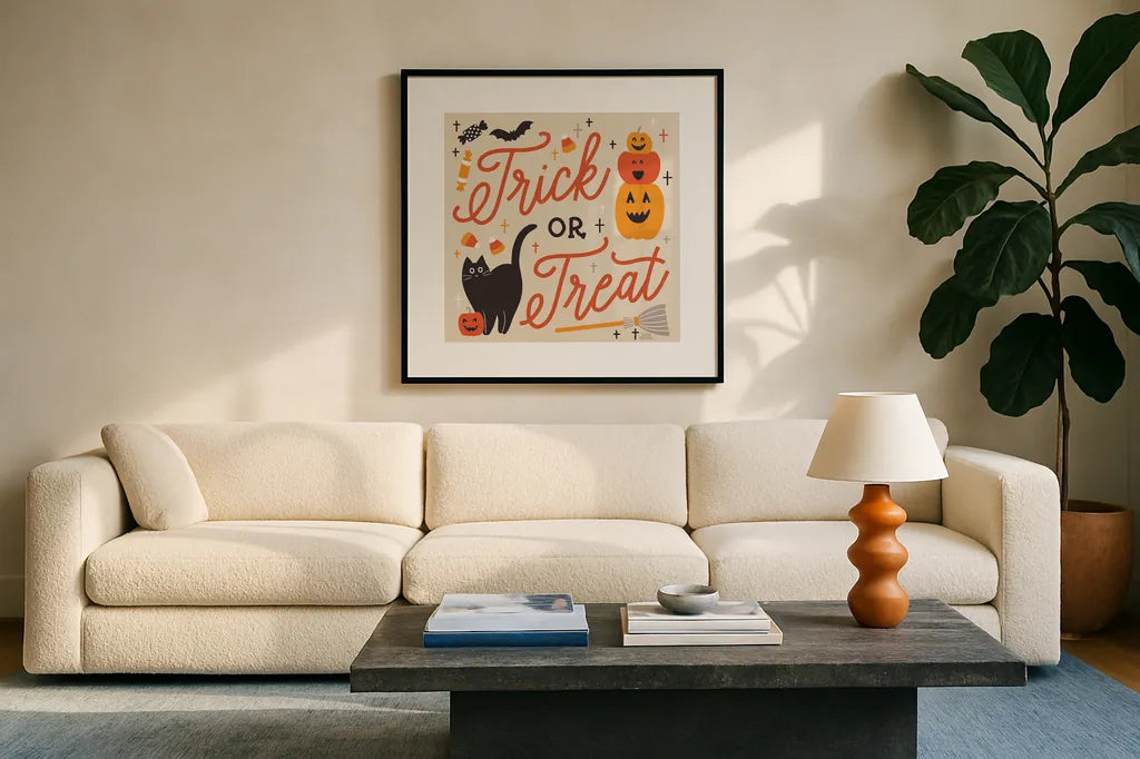 Trick or Treat II with Black by Laura Marshall. Displayed in a glass frame with matte in a clean modern living room. Available as an archival giclee rolled canvas, fine art paper, or poster print. SKU 74800a.