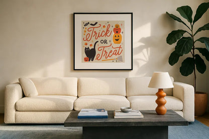 Trick or Treat II with Black by Laura Marshall. Displayed in a glass frame with matte in a clean modern living room. Available as an archival giclee rolled canvas, fine art paper, or poster print. SKU 74800a.