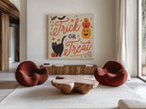 Trick or Treat II with Black by Laura Marshall. Shown as extra-large giant wall art in a modern living room. Available as an archival giclee rolled canvas, fine art paper, or poster print. SKU 74800a.
