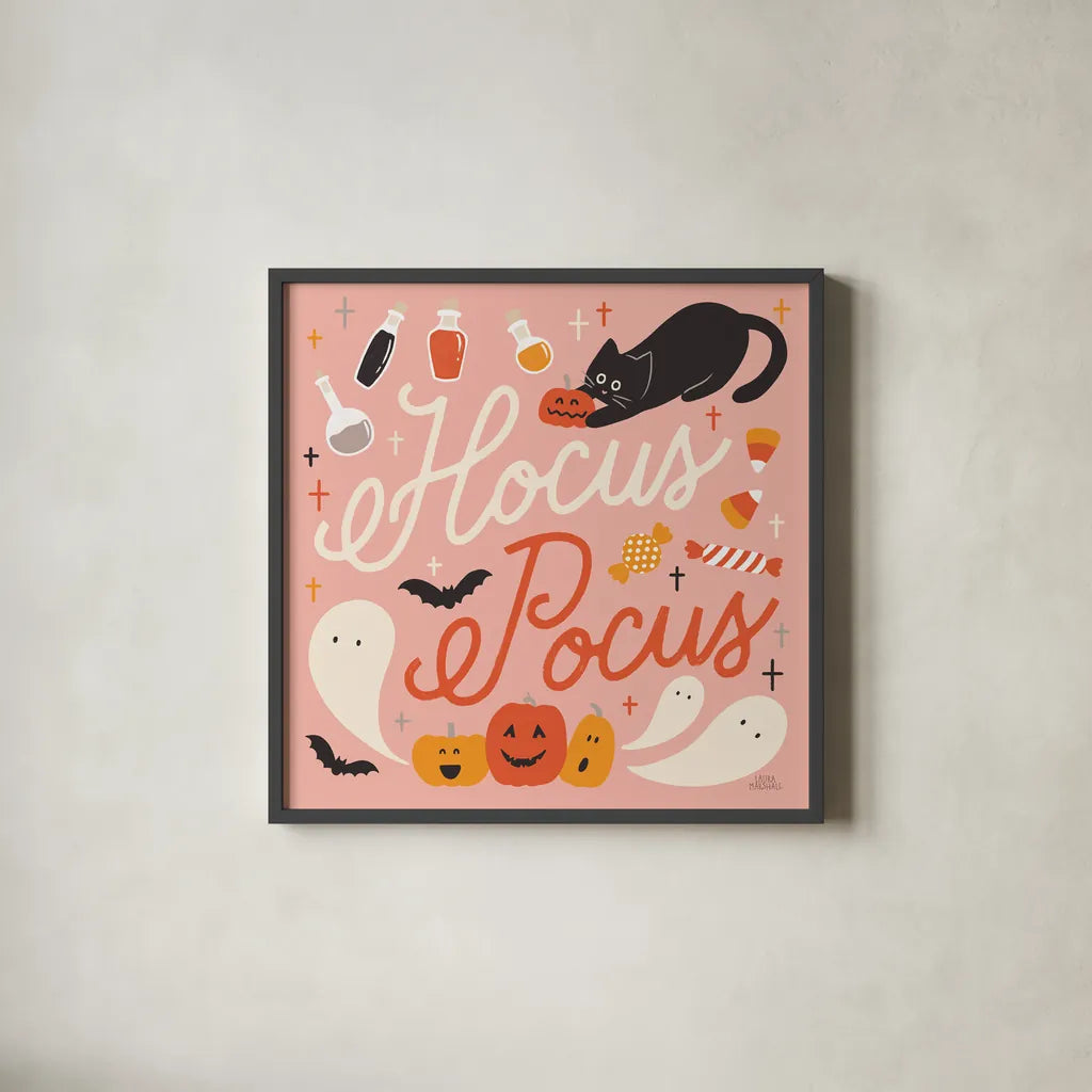 Trick or Treat III by Laura Marshall. Shown in a sleek black glass frame for a contemporary gallery look. Available as an archival giclee rolled canvas, fine art paper, or poster print. SKU 74191a.