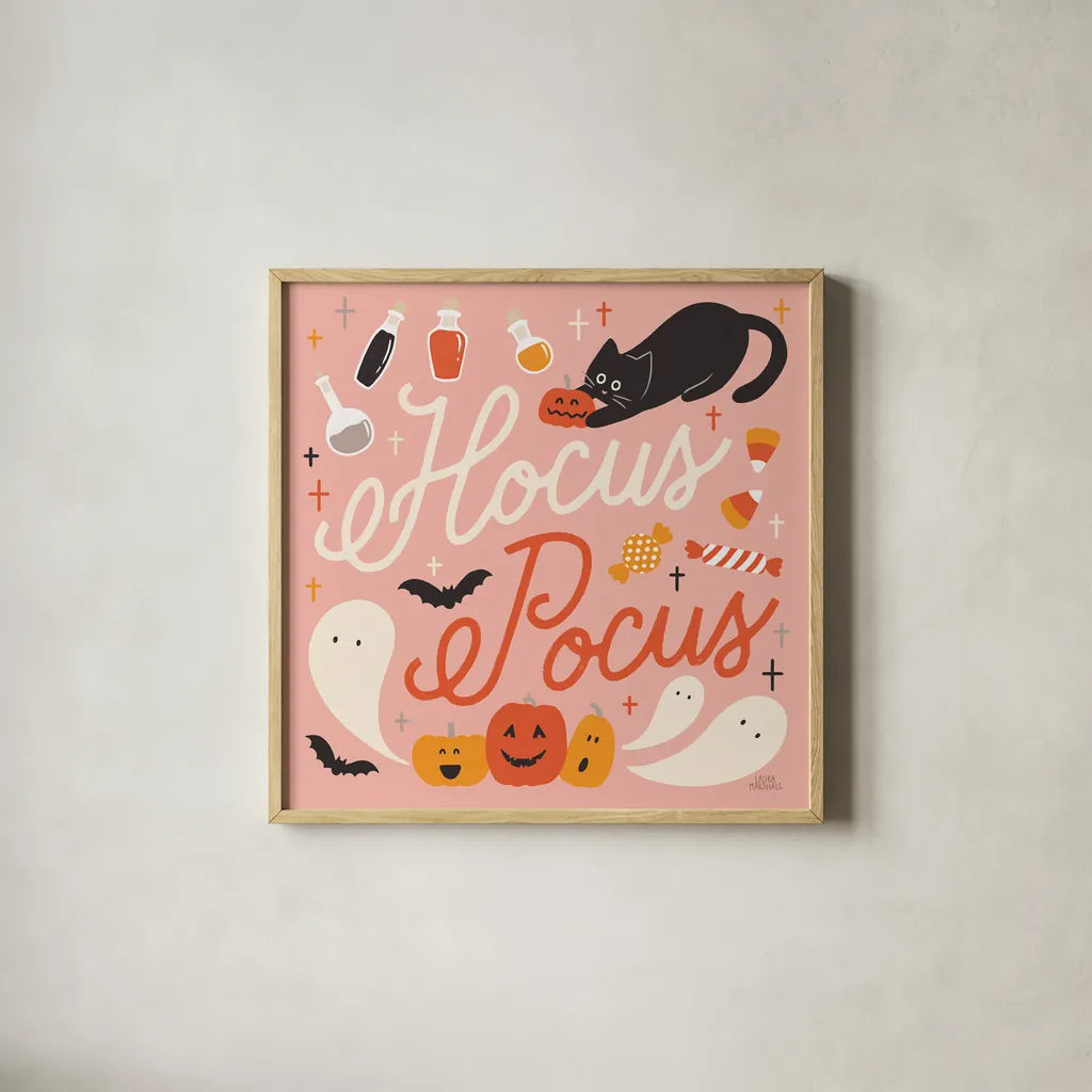 Trick or Treat III by Laura Marshall. Shown in a natural wood glass frame for a timeless modern aesthetic. Available as an archival giclee rolled canvas, fine art paper, or poster print. SKU 74191a.