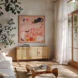 Trick or Treat III by Laura Marshall. Shown in a natural wood frame in a cozy modern living room. Available as an archival giclee rolled canvas, fine art paper, or poster print. SKU 74191a.