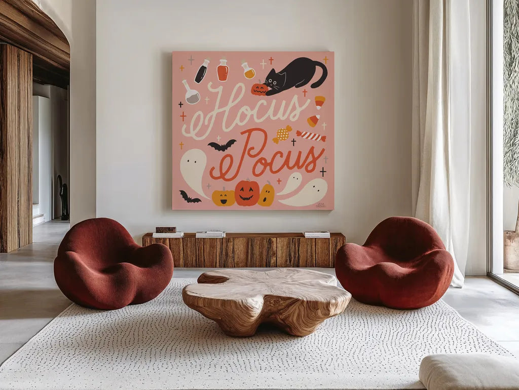 Trick or Treat III by Laura Marshall. Shown as extra-large giant wall art in a modern living room. Available as an archival giclee rolled canvas, fine art paper, or poster print. SKU 74191a.