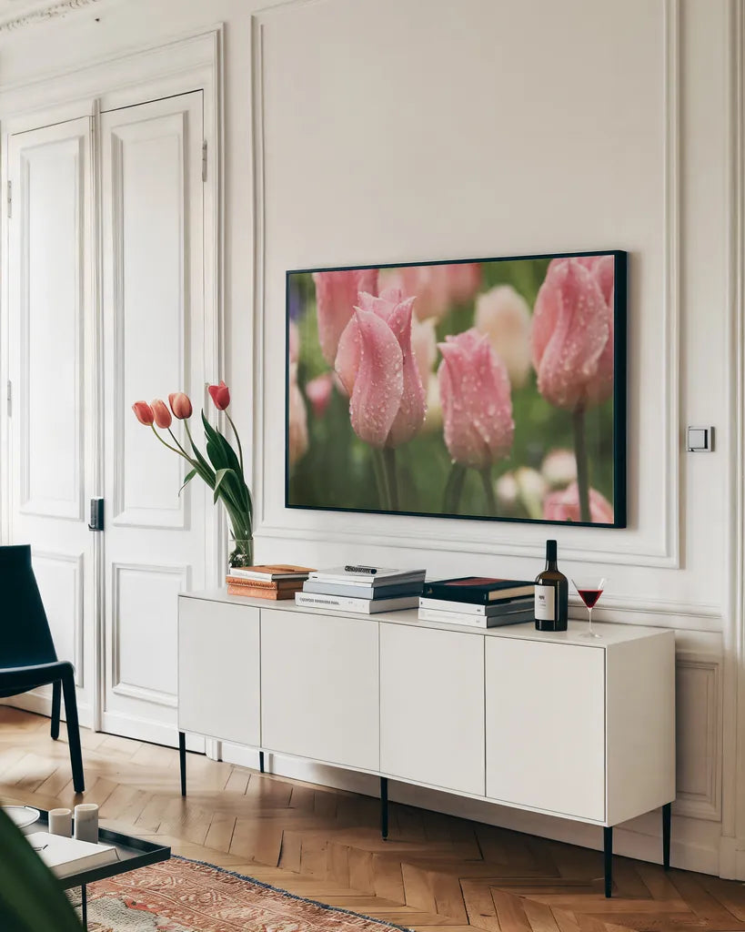 Tulips after the Rain by Laura Marshall. shown as a framed stretched canvas in a living room above a console. Available as a archival giclee rolled canvas, fine art paper, or poster print. SKU 17725i.