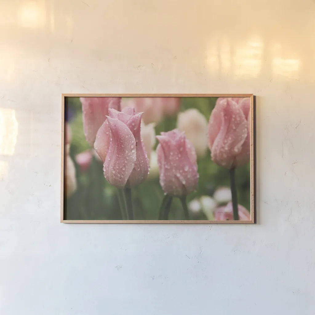 Tulips after the Rain by Laura Marshall. shown as a paper print in a natural frame. Available as a archival giclee rolled canvas, fine art paper, or poster print. SKU 17725i.